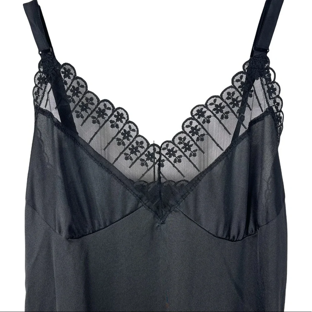 Vintage Black 100% Nylon with Floral V Neck Trim Slip Dress - Picture 9 of 12